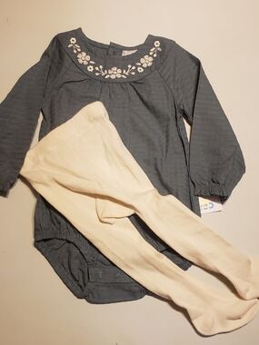 Carter's Blue Floral Embroidered Long Sleeve Bodysuit with Cream Tights